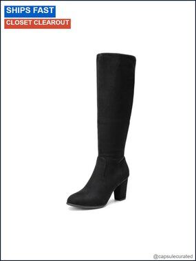 Knee High Winter Boots Faux Suede Faux Fur Trim Chunky Heel Zip